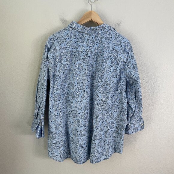 Chaps Womens Plus 1X Blue Paisley No Iron Button Up Shirt 3/4 Sleeve Blouse - Picture 10 of 11